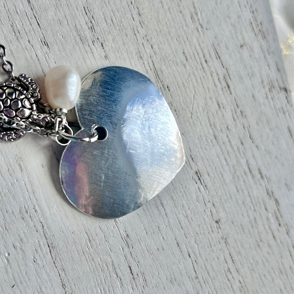 Tropic Beachy Nautical Necklace, Turtle Heart Pearl, Mixed Metal Necklace - Picture 11 of 15